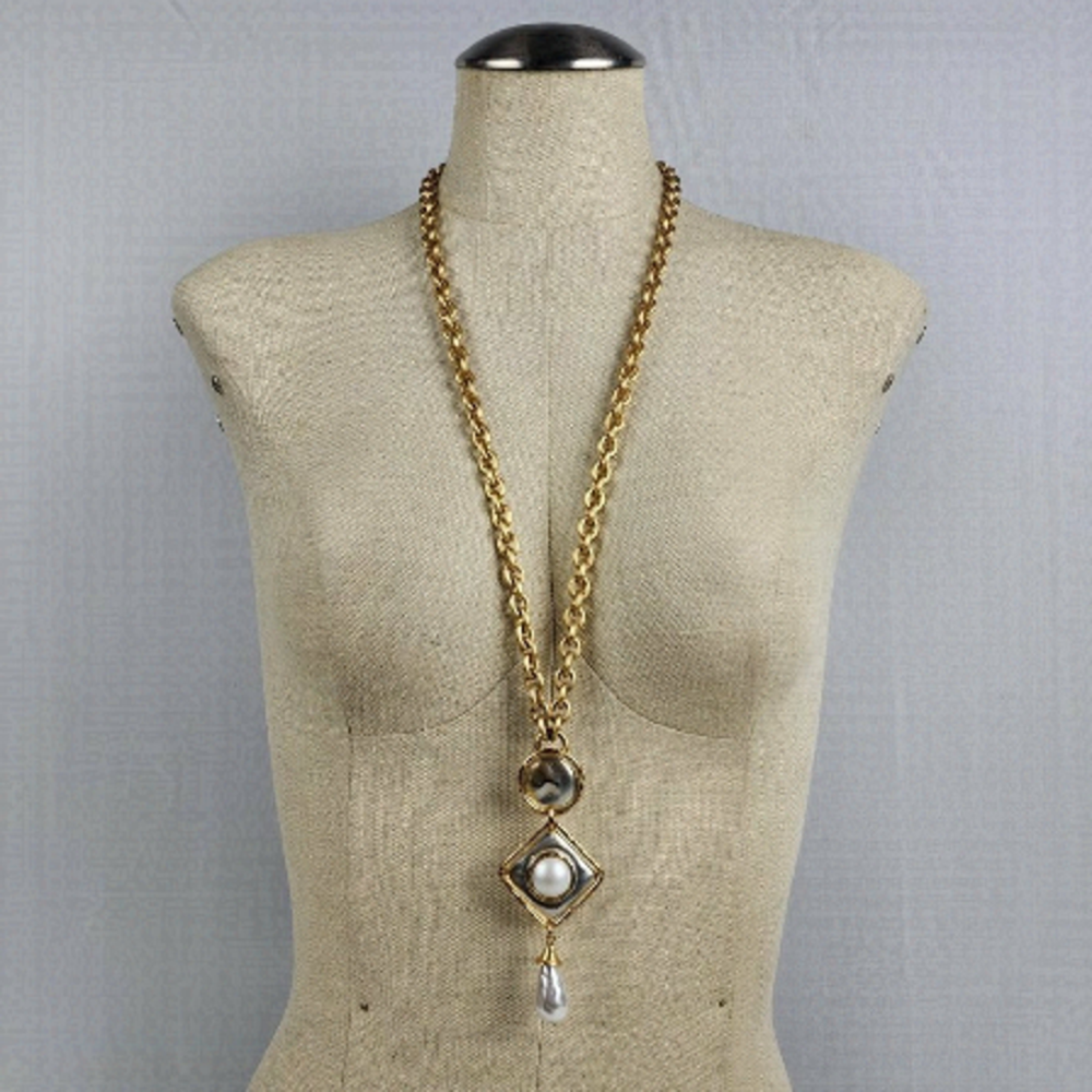 Gold Pendant Long Necklace with Pearl Accent